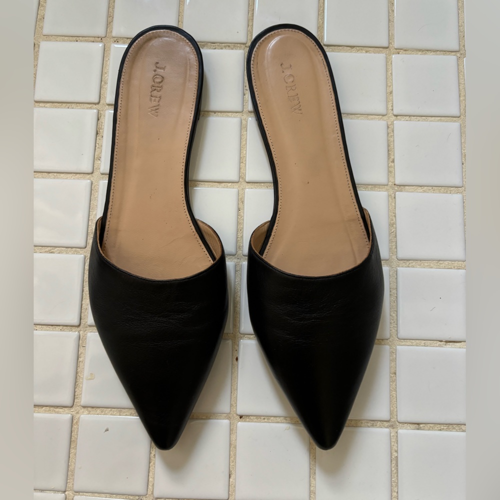 JCrew Pointed Toe Mules, black leather, size 10